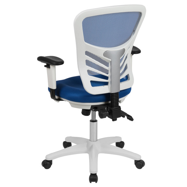 Nicholas Mid-Back Blue Mesh Multifunction Executive Swivel Ergonomic Office Chair with Adjustable Arms and White Frame