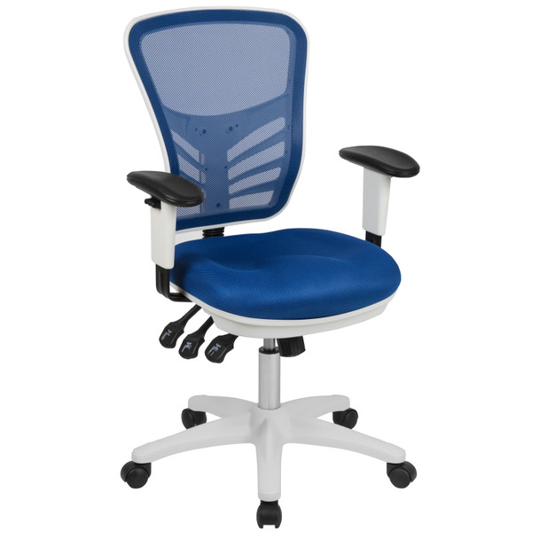 Nicholas Mid-Back Blue Mesh Multifunction Executive Swivel Ergonomic Office Chair with Adjustable Arms and White Frame