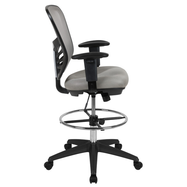 Tyler Mid-Back Light Gray Mesh Ergonomic Drafting Chair with Adjustable Chrome Foot Ring, Adjustable Arms and Black Frame