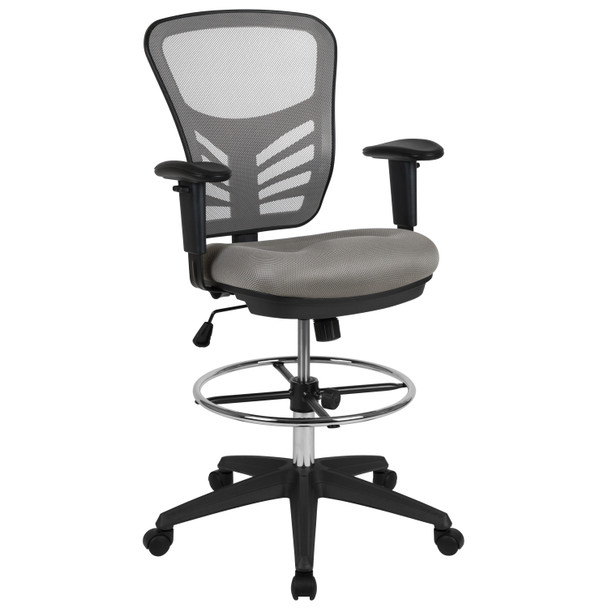 Tyler Mid-Back Light Gray Mesh Ergonomic Drafting Chair with Adjustable Chrome Foot Ring, Adjustable Arms and Black Frame