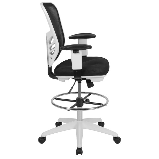 Tyler Mid-Back Black Mesh Ergonomic Drafting Chair with Adjustable Chrome Foot Ring, Adjustable Arms and White Frame