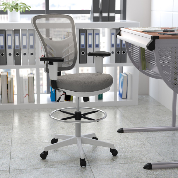 Tyler Mid-Back Light Gray Mesh Ergonomic Drafting Chair with Adjustable Chrome Foot Ring, Adjustable Arms and White Frame