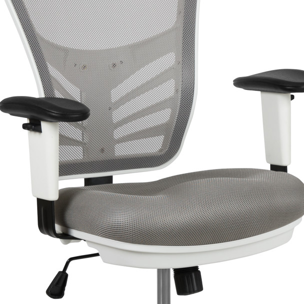 Tyler Mid-Back Light Gray Mesh Ergonomic Drafting Chair with Adjustable Chrome Foot Ring, Adjustable Arms and White Frame