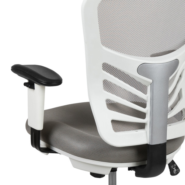 Tyler Mid-Back Light Gray Mesh Ergonomic Drafting Chair with Adjustable Chrome Foot Ring, Adjustable Arms and White Frame