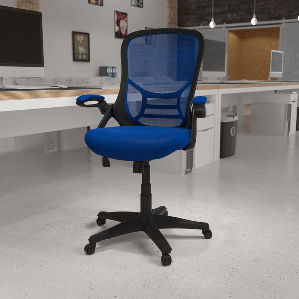 Porter High Back Blue Mesh Ergonomic Swivel Office Chair with Black Frame and Flip-up Arms