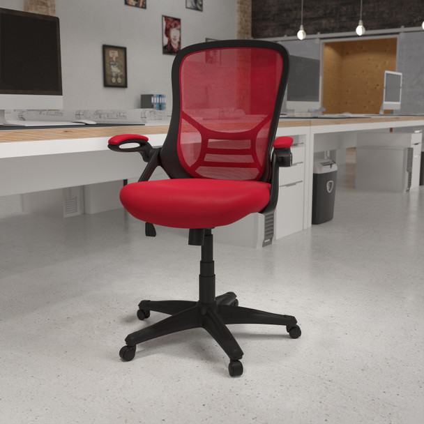 Porter High Back Red Mesh Ergonomic Swivel Office Chair with Black Frame and Flip-up Arms