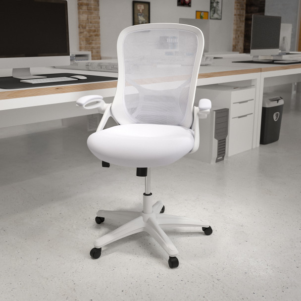 Porter High Back White Mesh Ergonomic Swivel Office Chair with White Frame and Flip-up Arms