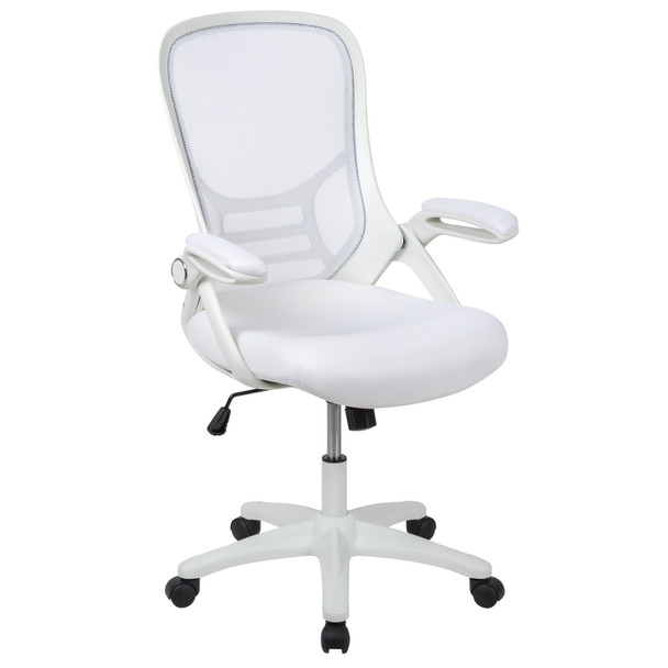 Porter High Back White Mesh Ergonomic Swivel Office Chair with White Frame and Flip-up Arms