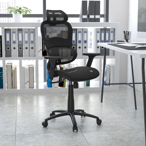 LO Ergonomic Mesh Office Chair with 2-to-1 Synchro-Tilt, Adjustable Headrest, Lumbar Support, and Adjustable Pivot Arms in Black