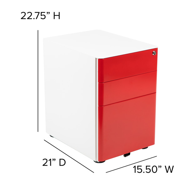 Warner Modern 3-Drawer Mobile Locking Filing Cabinet with Anti-Tilt Mechanism & Letter/Legal Drawer, White with Red Faceplate