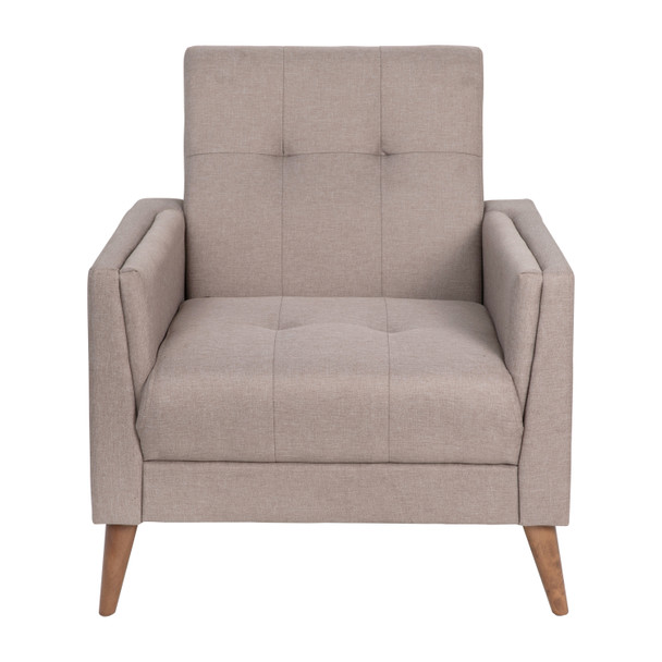 Conrad Mid-Century Modern Commercial Grade Armchair with Tufted Faux Linen Upholstery & Solid Wood Legs in Taupe