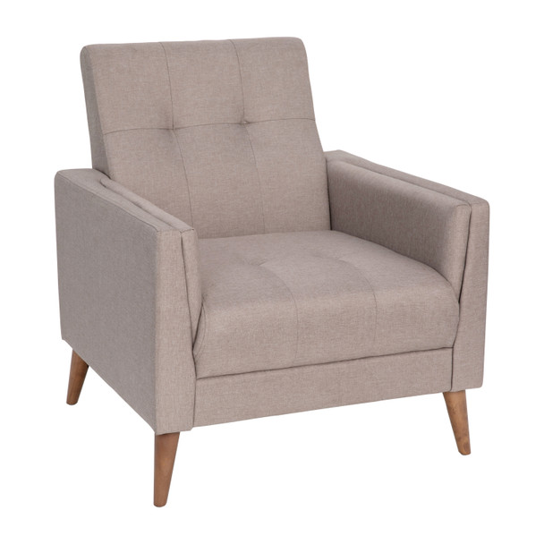 Conrad Mid-Century Modern Commercial Grade Armchair with Tufted Faux Linen Upholstery & Solid Wood Legs in Taupe