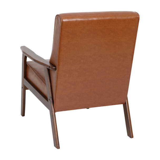 Langston Commercial Grade LeatherSoft Upholstered Mid Century Modern Arm Chair with Walnut Finished Wooden Frame and Arms in Cognac