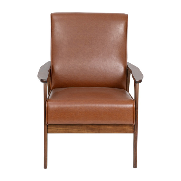 Langston Commercial Grade LeatherSoft Upholstered Mid Century Modern Arm Chair with Walnut Finished Wooden Frame and Arms in Cognac