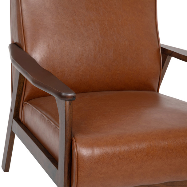 Langston Commercial Grade LeatherSoft Upholstered Mid Century Modern Arm Chair with Walnut Finished Wooden Frame and Arms in Cognac