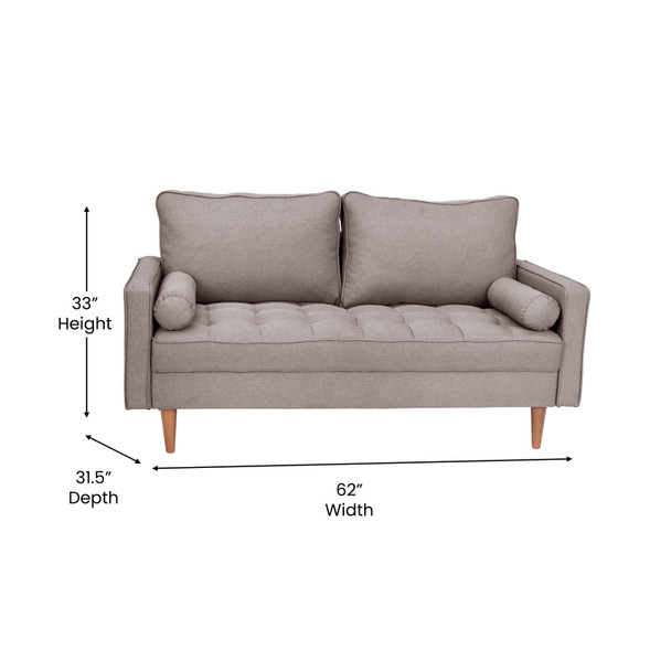 Hudson Mid-Century Modern Loveseat Sofa with Tufted Faux Linen Upholstery & Solid Wood Legs in Slate Gray