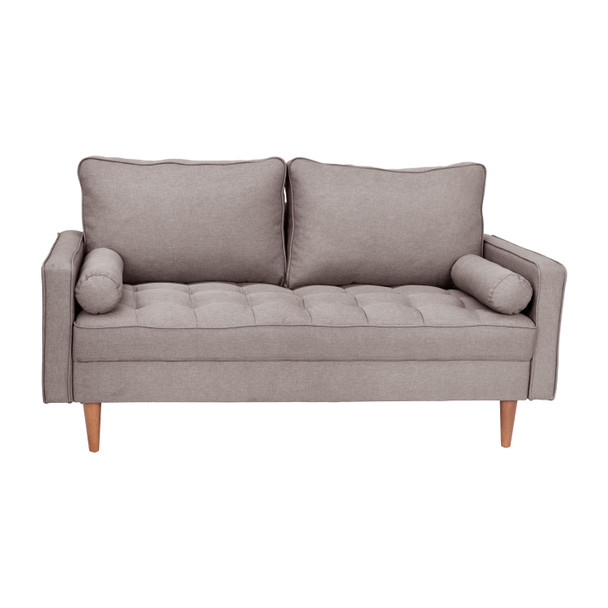 Hudson Mid-Century Modern Loveseat Sofa with Tufted Faux Linen Upholstery & Solid Wood Legs in Slate Gray