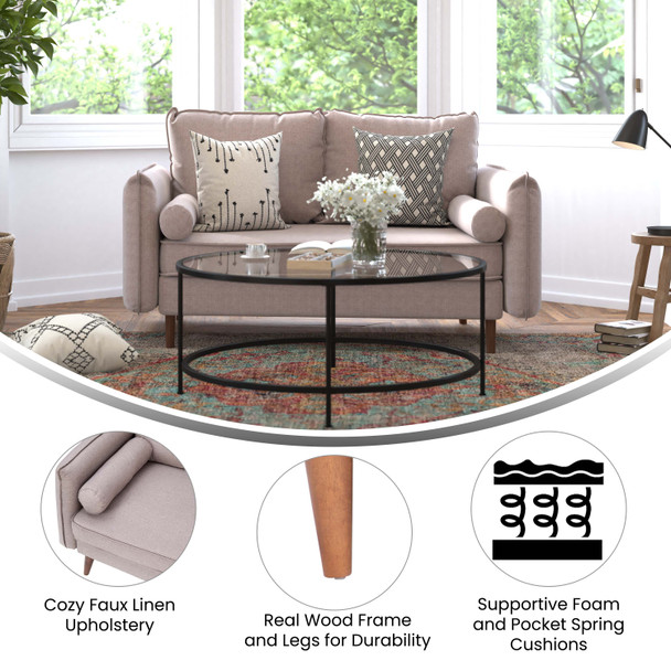 Evie Mid-Century Modern Loveseat Sofa with Faux Linen Fabric Upholstery & Solid Wood Legs in Taupe