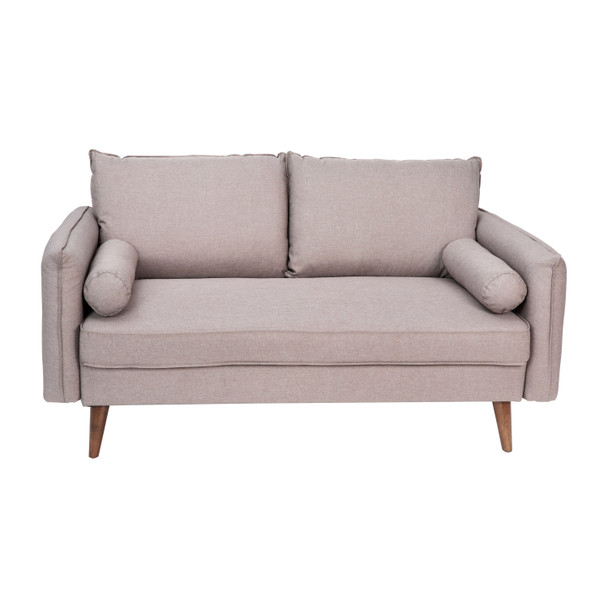 Evie Mid-Century Modern Loveseat Sofa with Faux Linen Fabric Upholstery & Solid Wood Legs in Taupe