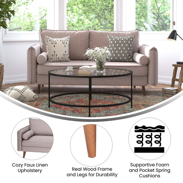 Evie Mid-Century Modern Sofa with Faux Linen Fabric Upholstery & Solid Wood Legs in Taupe