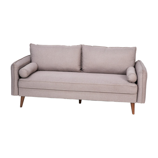 Evie Mid-Century Modern Sofa with Faux Linen Fabric Upholstery & Solid Wood Legs in Taupe