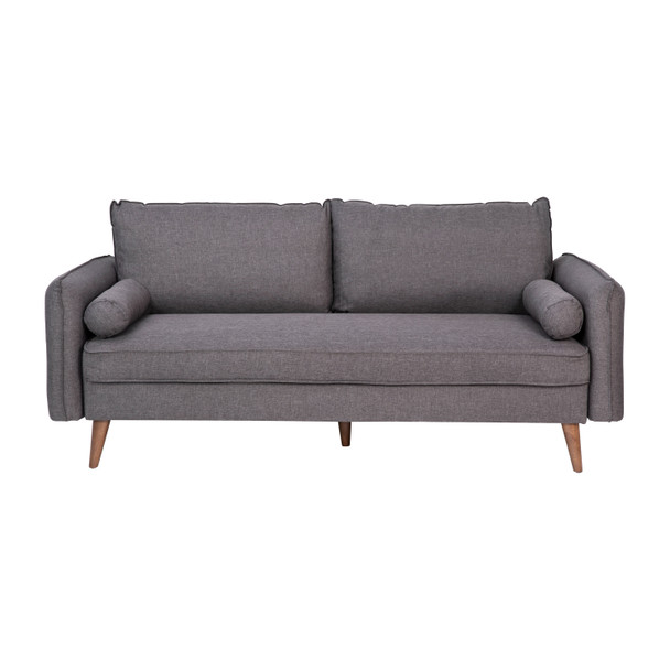 Evie Mid-Century Modern Sofa with Faux Linen Fabric Upholstery & Solid Wood Legs in Stone Gray