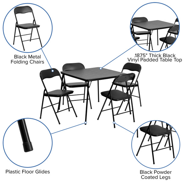 Madison 5 Piece Black Folding Card Table and Chair Set