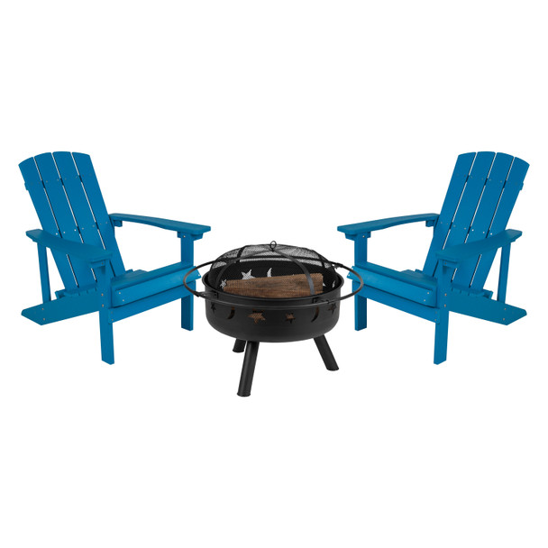 3 Piece Charlestown Blue Poly Resin Wood Adirondack Chair Set with Fire Pit - Star and Moon Fire Pit with Mesh Cover