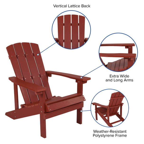 3 Piece Charlestown Red Poly Resin Wood Adirondack Chair Set with Fire Pit - Star and Moon Fire Pit with Mesh Cover