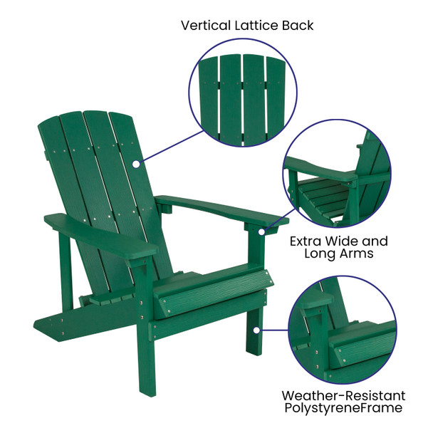 5 Piece Charlestown Green Poly Resin Wood Adirondack Chair Set with Fire Pit - Star and Moon Fire Pit with Mesh Cover
