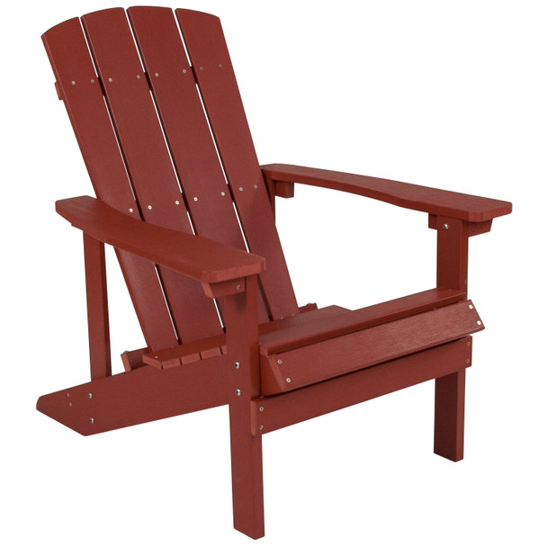 5 Piece Charlestown Red Poly Resin Wood Adirondack Chair Set with Fire Pit - Star and Moon Fire Pit with Mesh Cover