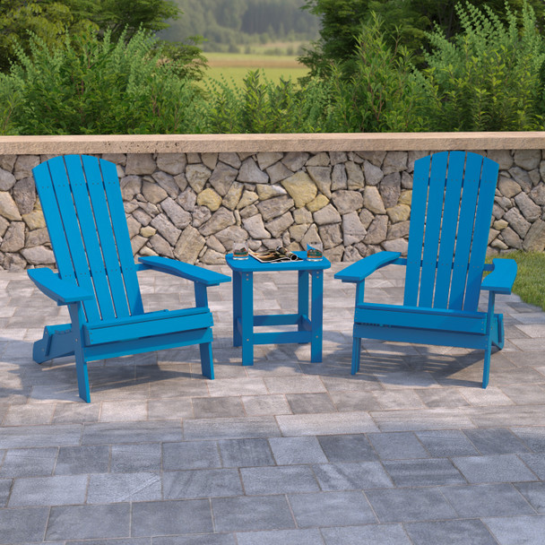 2 Pack Charlestown All-Weather Poly Resin Folding Adirondack Chairs with Side Table in Blue