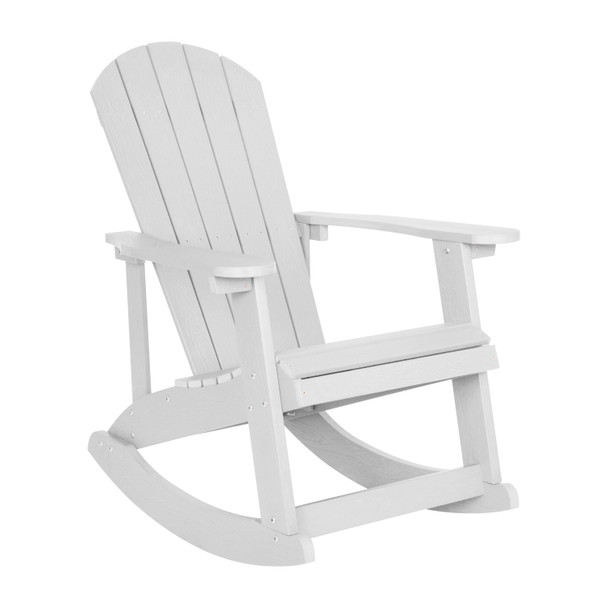 Set of 4 Savannah All-Weather Poly Resin Wood Adirondack Rocking Chairs with Side Table in White