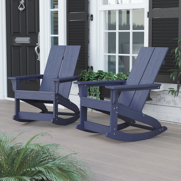 Finn Modern All-Weather 2-Slat Poly Resin Rocking Adirondack Chair with Rust Resistant Stainless Steel Hardware in Navy - Set of2