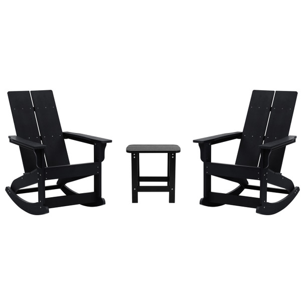 Set of 2 Black Finn Modern All-Weather 2-Slat Poly Resin Rocking Adirondack Chairs with Matching Side Table