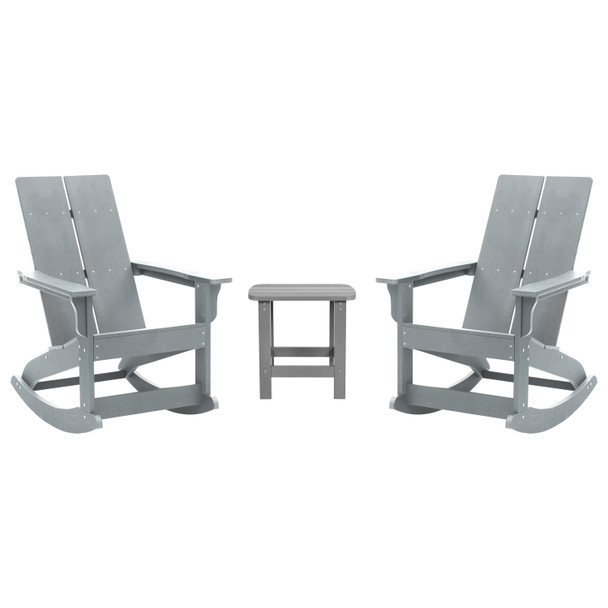 Set of 2 Gray Finn Modern All-Weather 2-Slat Poly Resin Rocking Adirondack Chairs with Matching Side Table