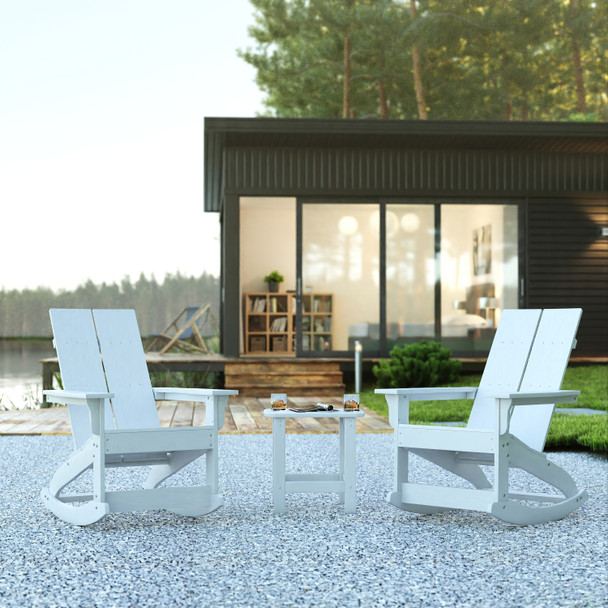 Set of 2 White Finn Modern All-Weather 2-Slat Poly Resin Rocking Adirondack Chairs with Matching Side Table