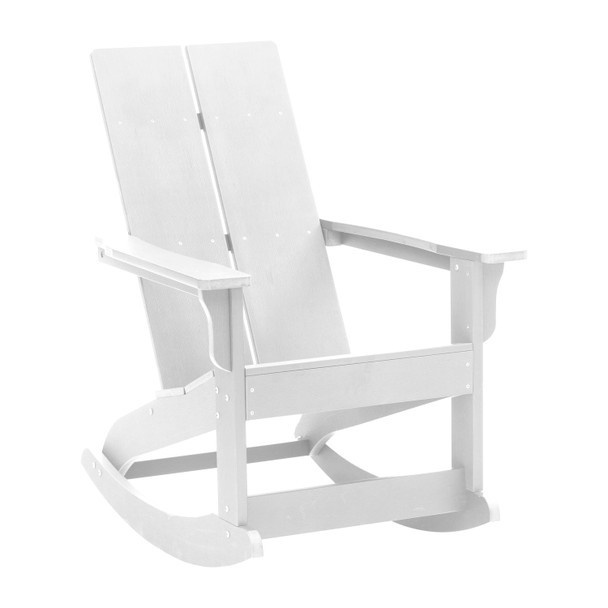 Set of 2 White Finn Modern All-Weather 2-Slat Poly Resin Rocking Adirondack Chairs with Matching Side Table