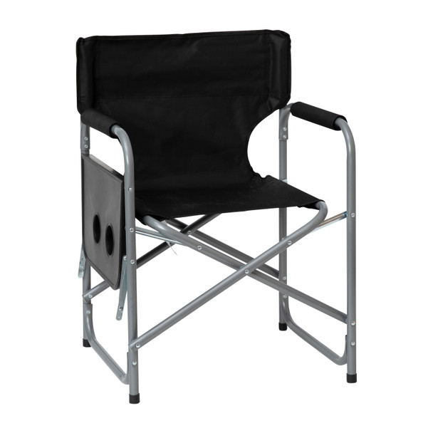 Benjamin Folding Black Director's Camping Chair with Side Table and Cup Holder - Portable Indoor/Outdoor Steel Framed Sports Chair