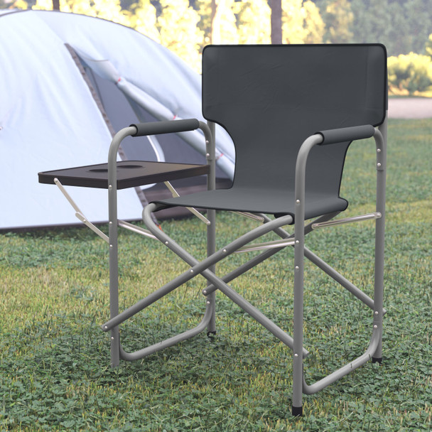 Benjamin Folding Gray Director's Camping Chair with Side Table and Cup Holder - Portable Indoor/Outdoor Steel Framed Sports Chair