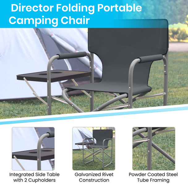 Benjamin Folding Gray Director's Camping Chair with Side Table and Cup Holder - Portable Indoor/Outdoor Steel Framed Sports Chair