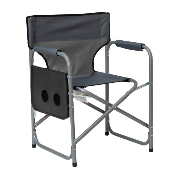 Benjamin Folding Gray Director's Camping Chair with Side Table and Cup Holder - Portable Indoor/Outdoor Steel Framed Sports Chair
