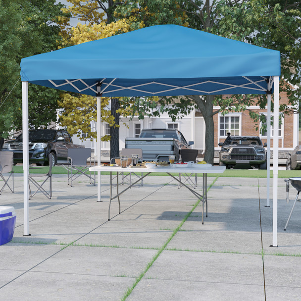 Otis 10'x10' Blue Pop Up Event Canopy Tent with Carry Bag and 6-Foot Bi-Fold Folding Table with Carrying Handle - Tailgate Tent Set