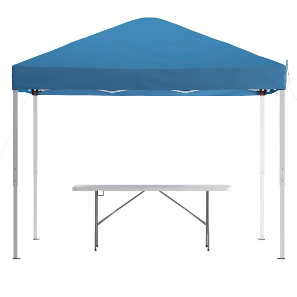Otis 10'x10' Blue Pop Up Event Canopy Tent with Carry Bag and 6-Foot Bi-Fold Folding Table with Carrying Handle - Tailgate Tent Set