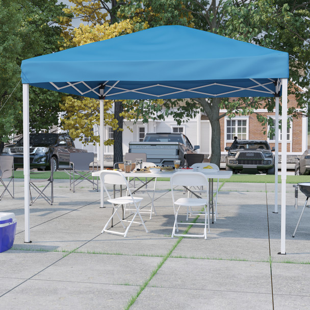 Otis Portable Tailgate/Event Tent Set - 10'x10' Blue Pop Up Canopy Tent, 6-Foot Bi-Fold Table, Set of 4 White Folding Chairs