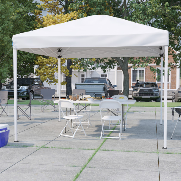 Otis Portable Tailgate/Event Tent Set - 10'x10' White Pop Up Canopy Tent, 6-Foot Bi-Fold Table, Set of 4 White Folding Chairs