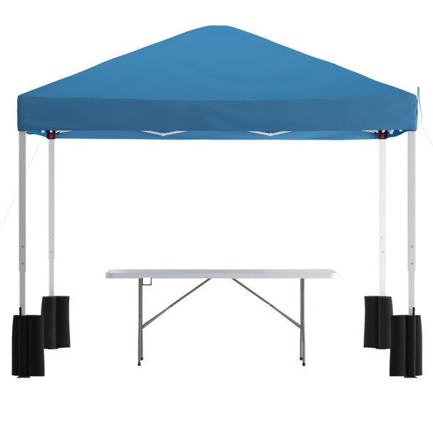 Otis 10'x10' Blue Pop Up Canopy Tent with Wheeled Case and 6-Foot Bi-Fold Folding Table with Carrying Handle - Tailgate Tent Set