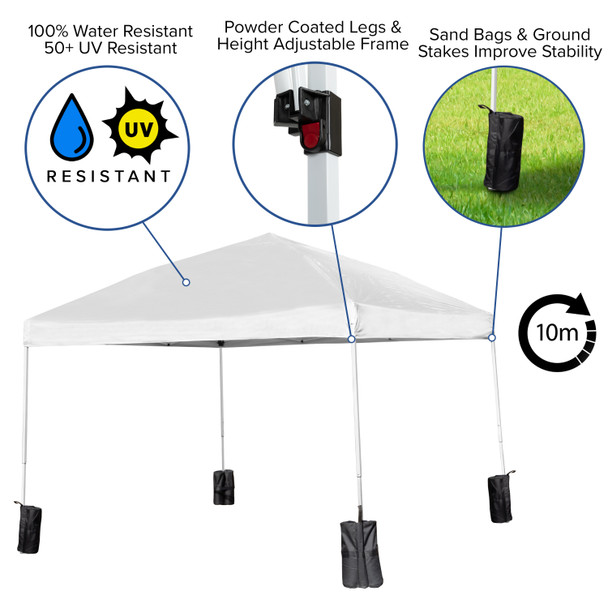 Otis 10'x10' White Pop Up Canopy Tent with Wheeled Case and 6-Foot Bi-Fold Folding Table with Carrying Handle - Tailgate Tent Set