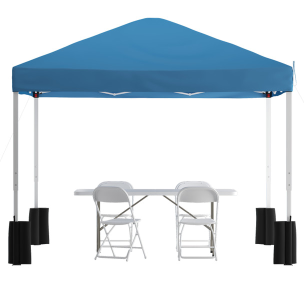 Otis Portable Tailgate/Event Tent Set-10'x10' Wheeled Blue Pop Up Canopy Tent, 6-Foot Bi-Fold Table, 4 White Folding Chairs
