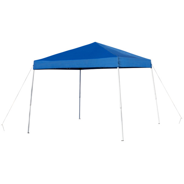 Otis Portable Tailgate/Event Tent Set - 8'x8' Blue Pop Up Canopy Tent, 6-Foot Bi-Fold Table, Set of 4 White Folding Chairs